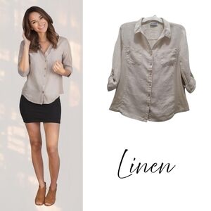 JM Linen Front & Cotton Convertible 3/4 Sleeve Button Shirt Size Medium Petite